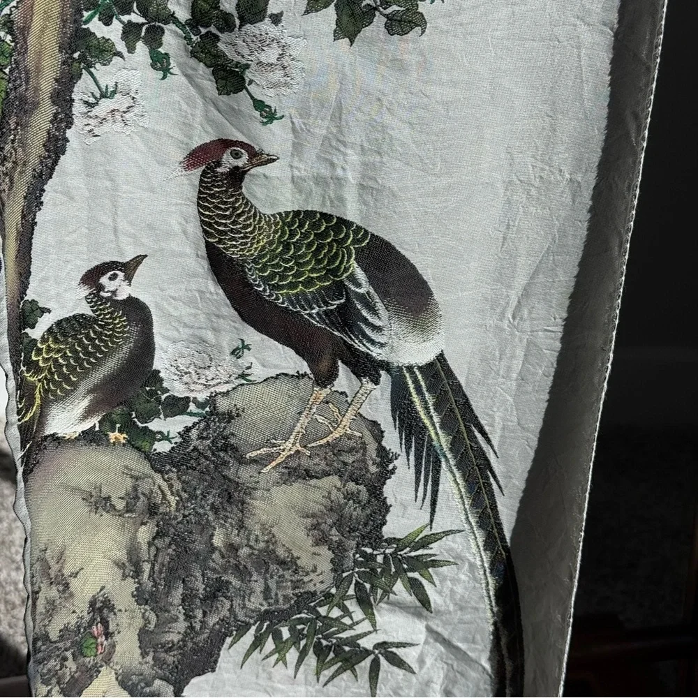 Bird & Tree Printed Scarf - White with Green and Brown Detail